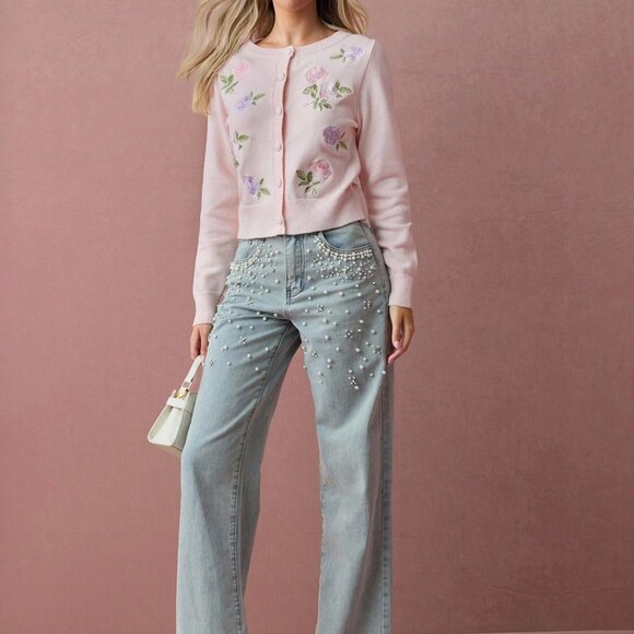 Pink Romantic Women's Floral Embroidered Long Sleeve Knit Cardigan - Picture 7 of 7